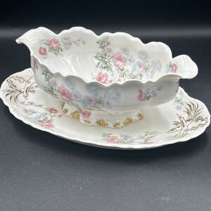 Antique Haviland & Co Limoges Porcelain Painted Pink Roses Gravy Boat/Underplate